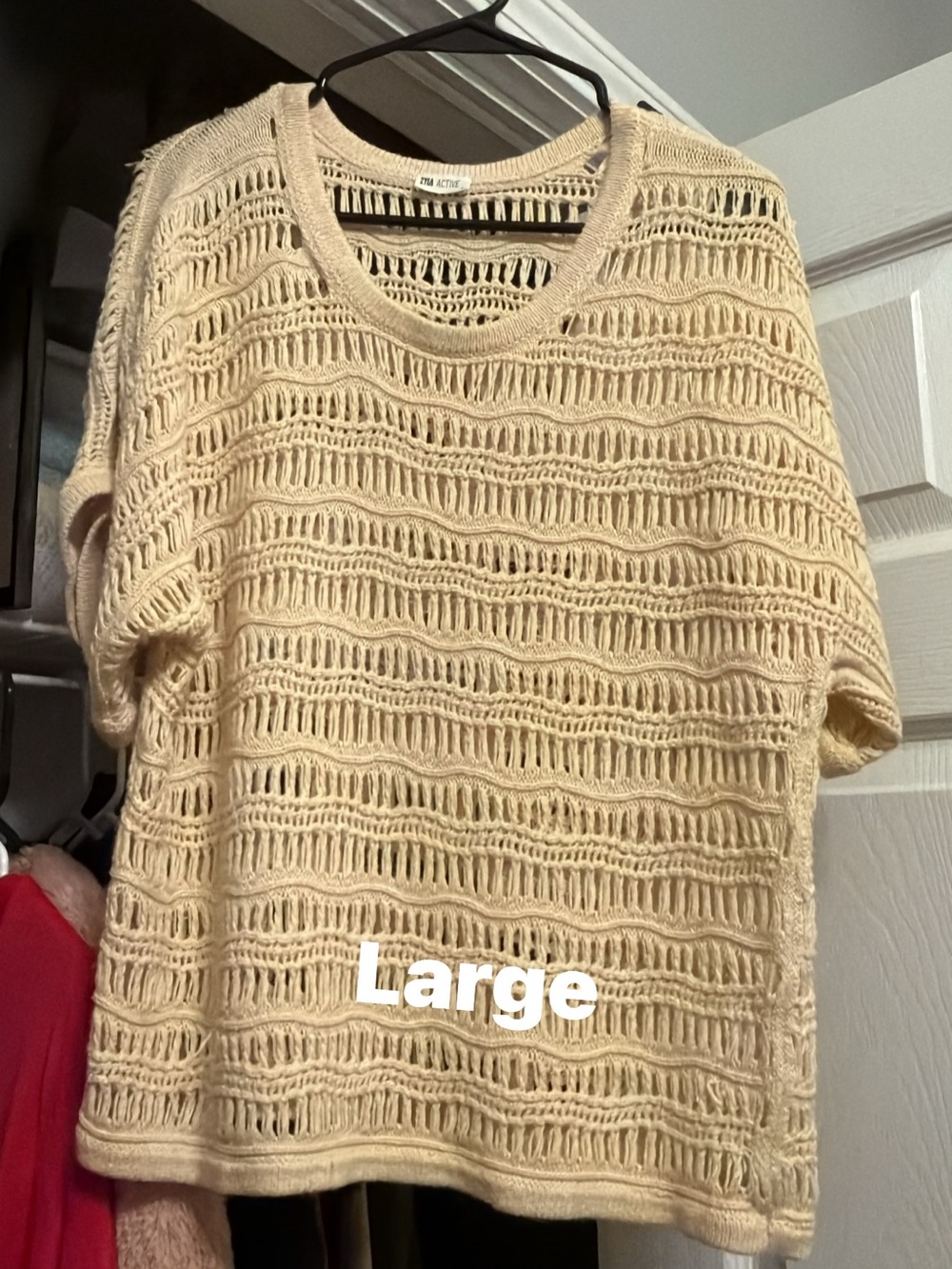 Zyia active Light Cream Open-Knit Short Sleeve Sweater swimsuit coverup- Large
